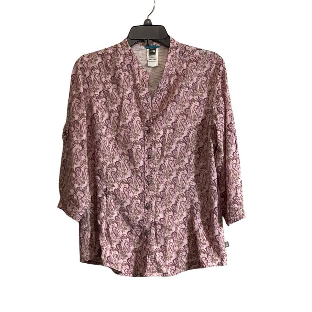 The North Face Large Shirt Women Pink Paisley Button Roll Tab V-Neck